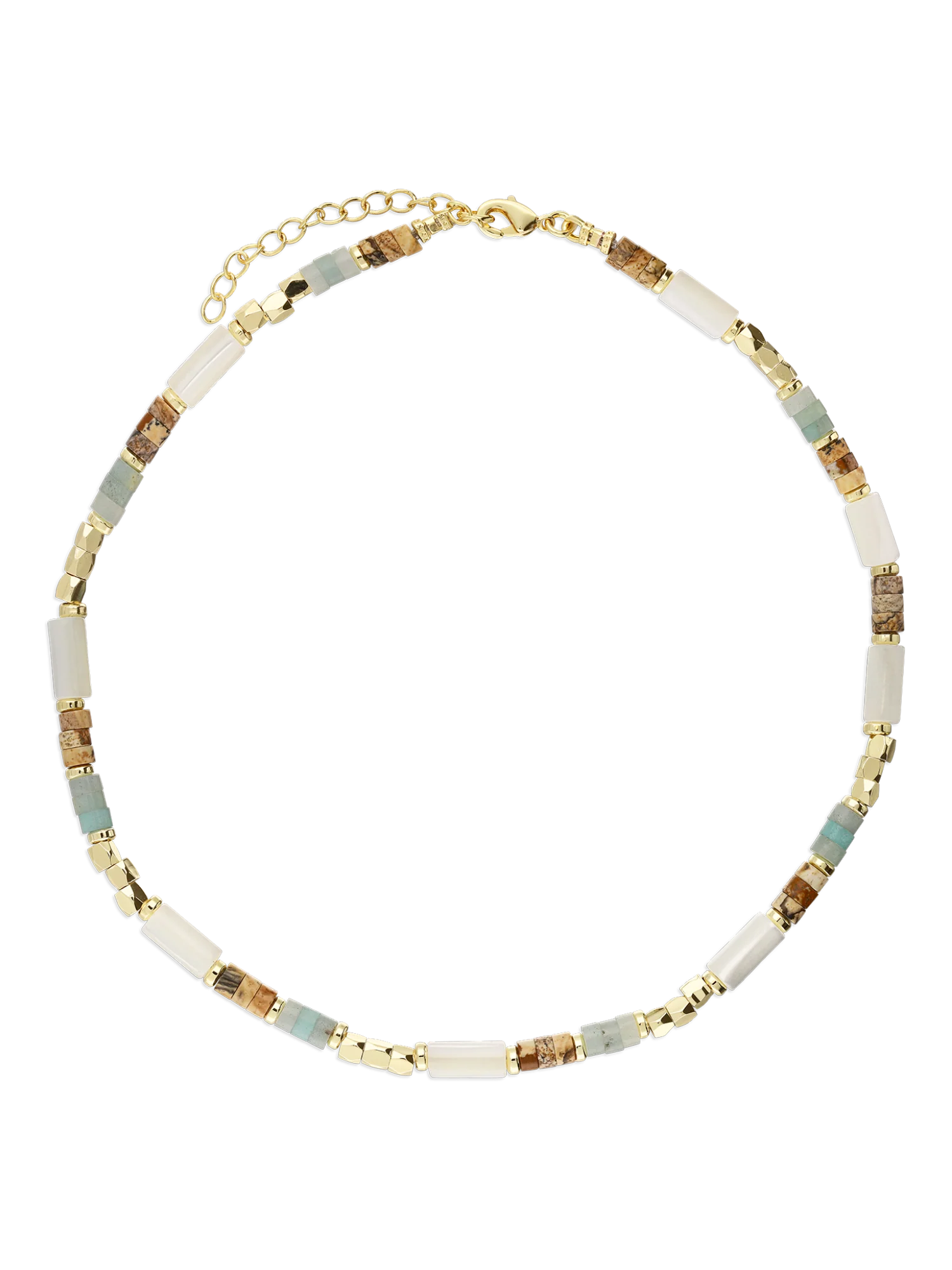 Colar choker banhado a ouro com madrepérola, jaspe e Iolita colorida