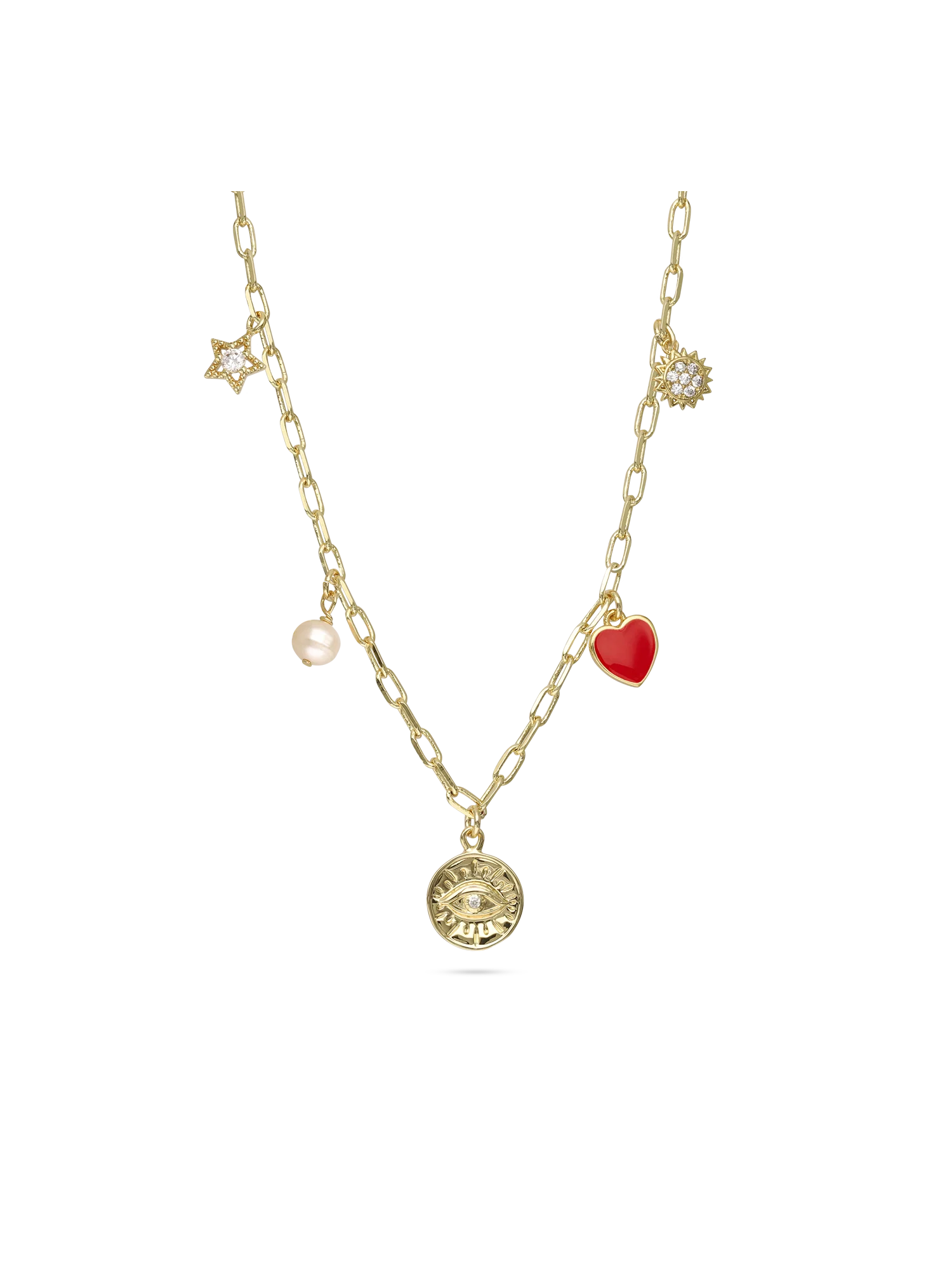 Colar de charms banhado a ouro com zircónias, pérola e esmalte