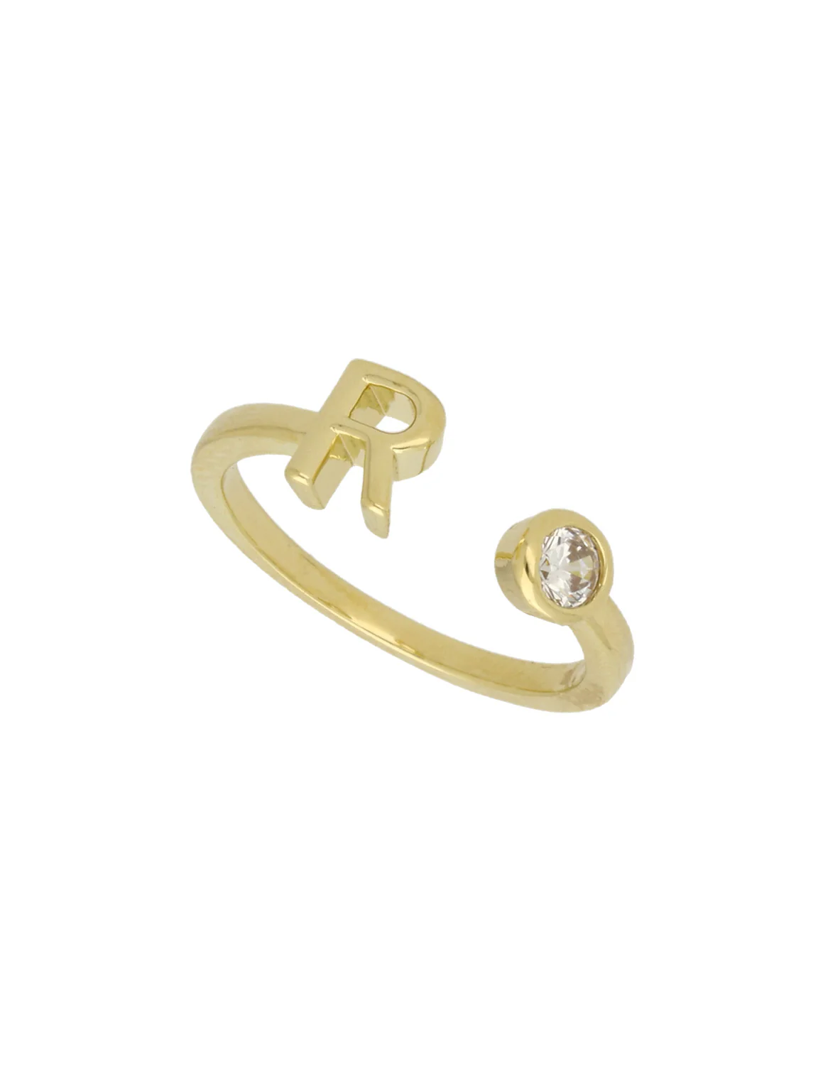 Anel "R" banhado a ouro com zircónia